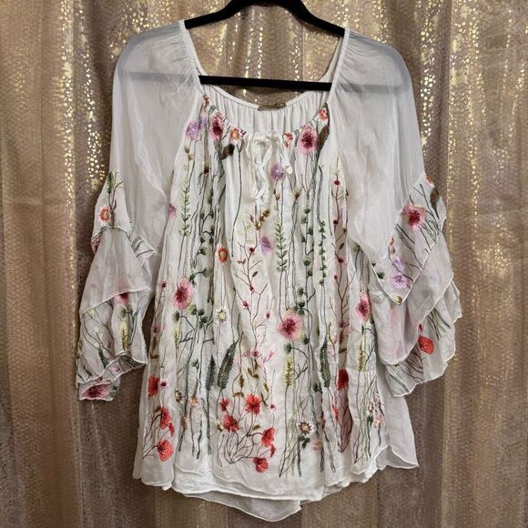 Beyond Capri White Floral Embroidered Silk Viscose Spring Blouse Large - Picture 1 of 9